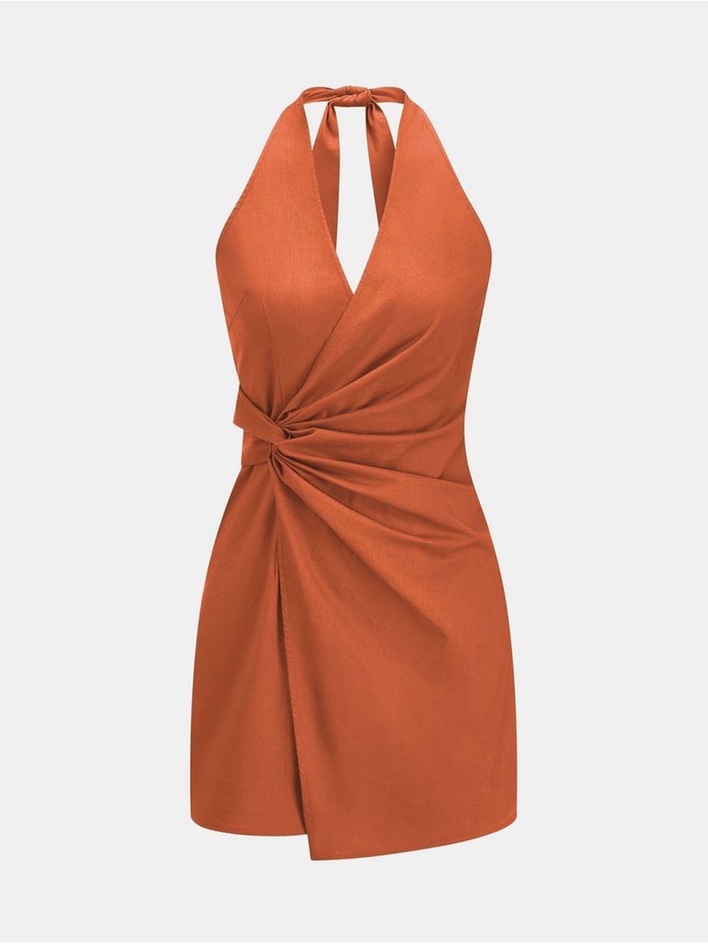 Commense Twisted Halter Mini Dress in Rust